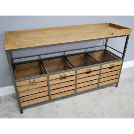 Industrial Grey Metal And Solid Wood 2 Tier 4 Crates Storage Cabinet Sideboard 130cm