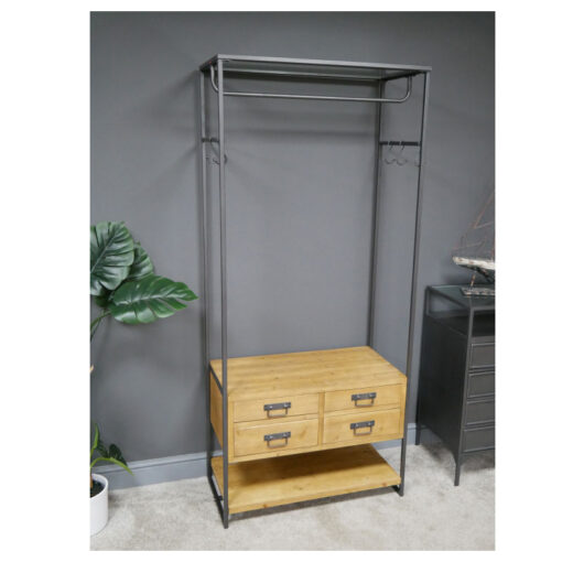 Industrial Grey Metal And Solid Wood 4 Drawer Hall Stand Coat Hanger 180cm