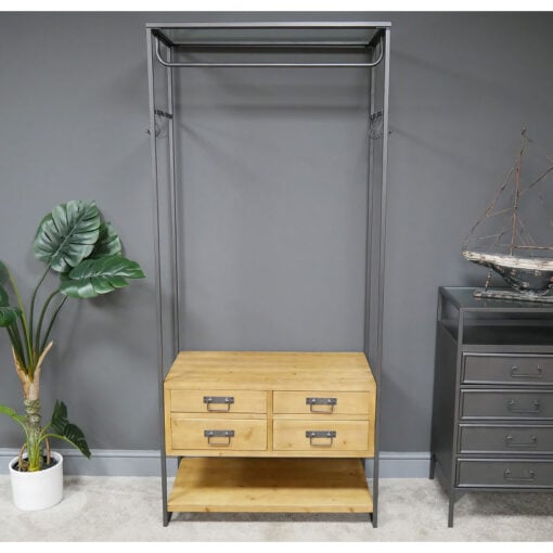 Industrial Grey Metal And Solid Wood 4 Drawer Hall Stand Coat Hanger 180cm