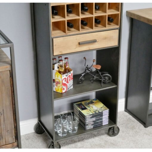 Industrial Grey Metal And Solid Wood Drinks Bar Tall Cabinet With Wine And Glass Storage And Wheels 183cm
