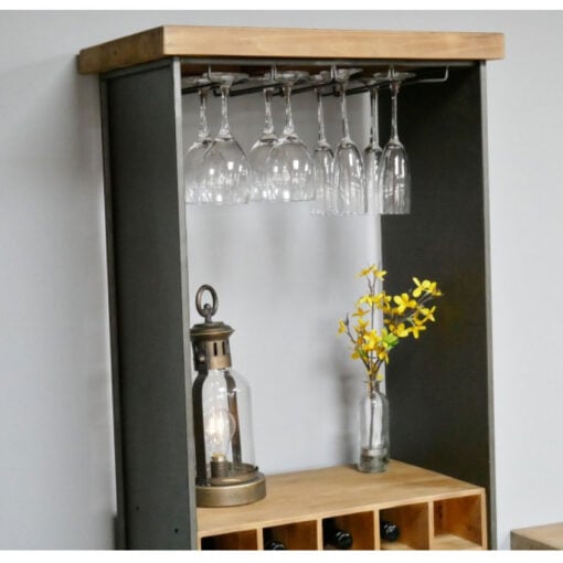 Industrial Grey Metal And Solid Wood Drinks Bar Tall Cabinet With Wine And Glass Storage And Wheels 183cm