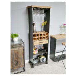 Industrial Grey Metal And Solid Wood Drinks Bar Tall Cabinet With Wine And Glass Storage And Wheels 183cm