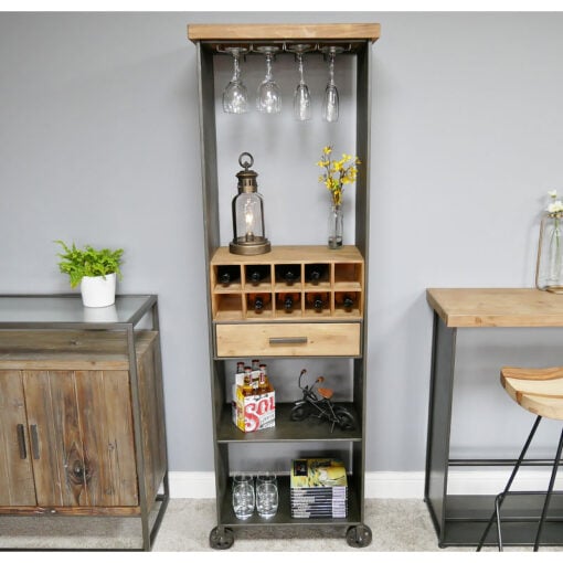 Industrial Grey Metal And Solid Wood Drinks Bar Tall Cabinet With Wine And Glass Storage And Wheels 183cm