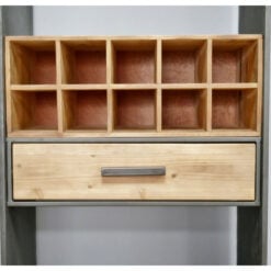 Industrial Grey Metal And Solid Wood Drinks Bar Tall Cabinet With Wine And Glass Storage And Wheels 183cm