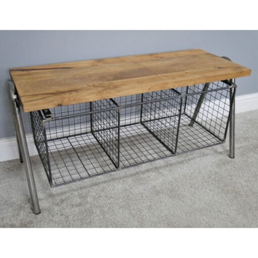 Industrial Grey Metal And Solid Wood Hallway Shoe Storage Bench 101cm