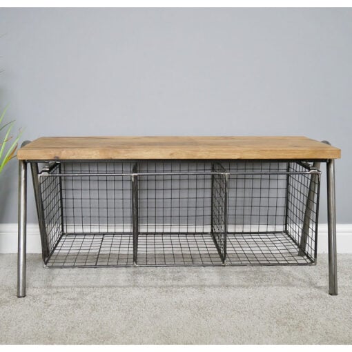 Industrial Grey Metal And Solid Wood Hallway Shoe Storage Bench 101cm