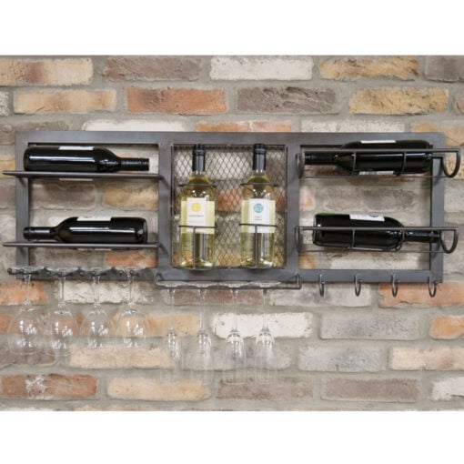 Industrial Grey Metal Kitchen Wall Shelving Unit With Wine And Glass Storage 100cm