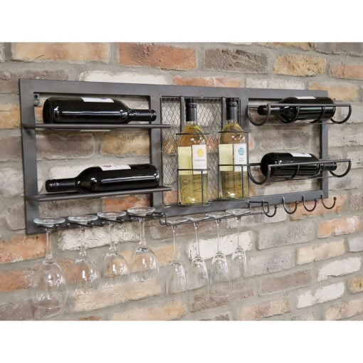 Industrial Grey Metal Kitchen Wall Shelving Unit With Wine And Glass Storage 100cm