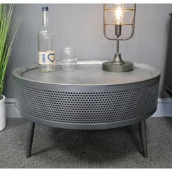 Industrial Grey Metal Round Coffee Table With Removable Top And Hidden Storage 62cm