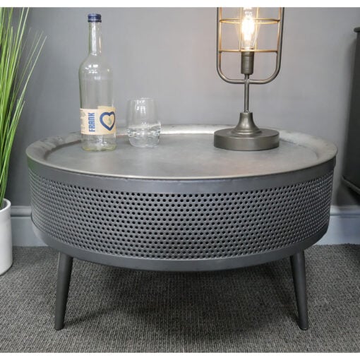 Industrial Grey Metal Round Coffee Table With Removable Top And Hidden Storage 62cm