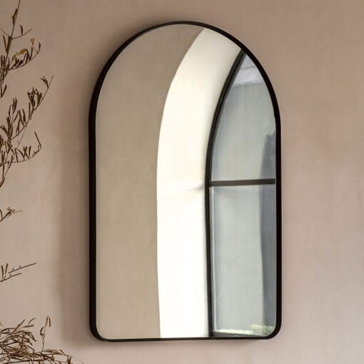Industrial Large Arched Black Metal Wall Mirror 90cm