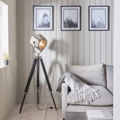 Industrial Nautical Black Wood And Silver Nickel Tripod Floor Lamp