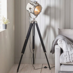 Industrial Nautical Black Wood And Silver Nickel Tripod Floor Lamp