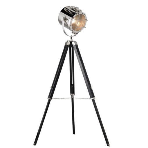 Industrial Nautical Black Wood And Silver Nickel Tripod Floor Lamp