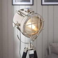 Industrial Nautical Black Wood And Silver Nickel Tripod Floor Lamp