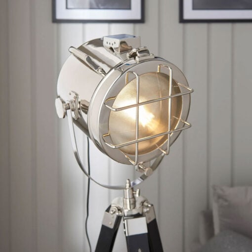 Industrial Nautical Black Wood And Silver Nickel Tripod Floor Lamp