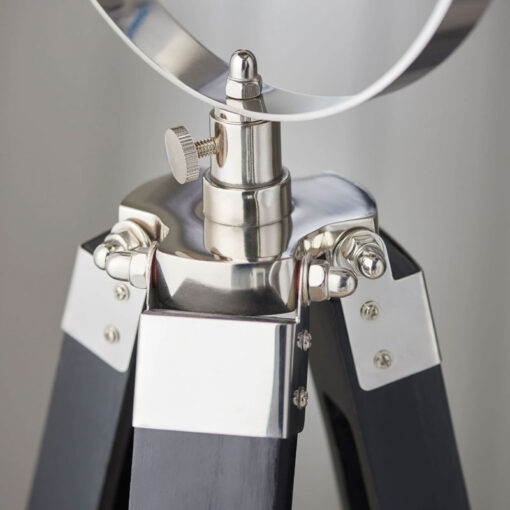 Industrial Nautical Black Wood And Silver Nickel Tripod Floor Lamp
