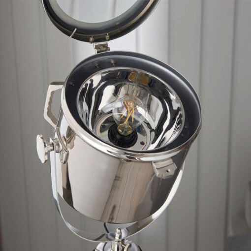 Industrial Nautical Black Wood And Silver Nickel Tripod Floor Lamp