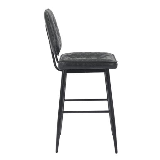 Industrial Quilted Genuine Black Leather And Black Metal Bar Stool