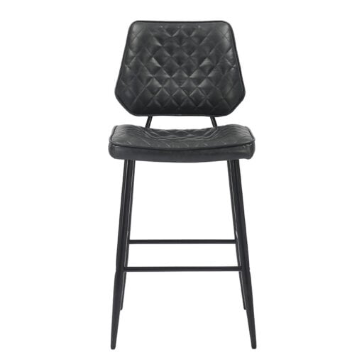 Industrial Quilted Genuine Black Leather And Black Metal Bar Stool