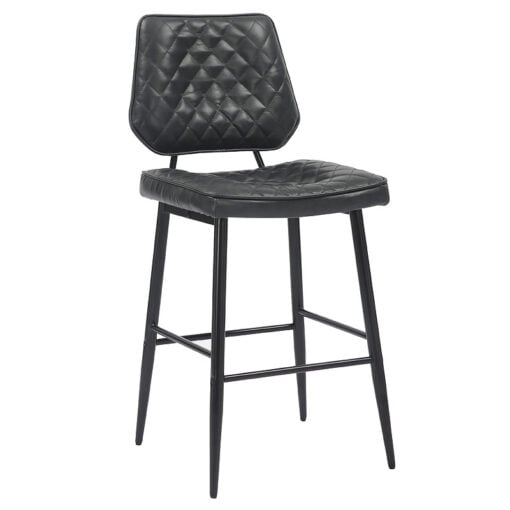 Industrial Quilted Genuine Black Leather And Black Metal Bar Stool