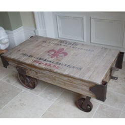 Industrial Railway Black Metal And Reclaimed Solid Wood Coffee Table With Wheels 116cm