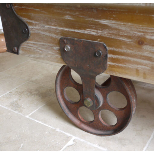 Industrial Railway Black Metal And Reclaimed Solid Wood Coffee Table With Wheels 116cm