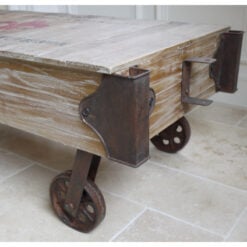 Industrial Railway Black Metal And Reclaimed Solid Wood Coffee Table With Wheels 116cm