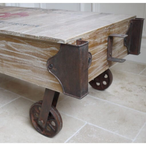 Industrial Railway Black Metal And Reclaimed Solid Wood Coffee Table With Wheels 116cm