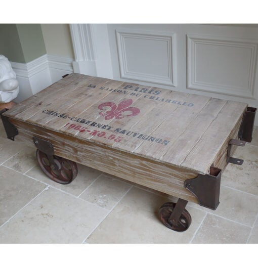 Industrial Railway Black Metal And Reclaimed Solid Wood Coffee Table With Wheels 116cm