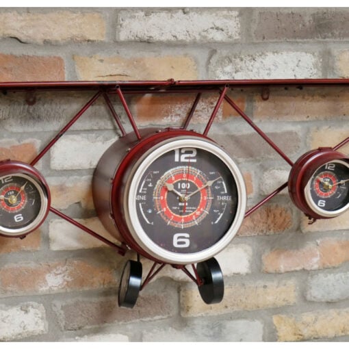 Industrial Red Metal Airplane Wall Shelf With 3 Clocks 122cm