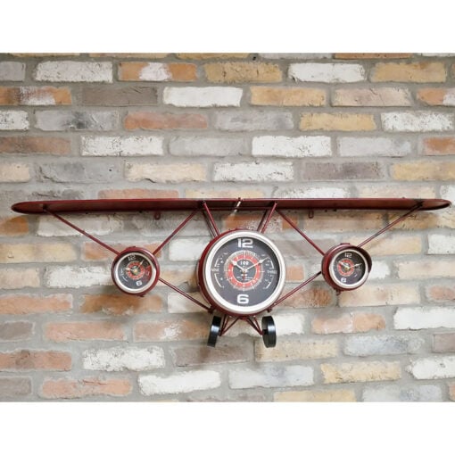 Industrial Red Metal Airplane Wall Shelf With 3 Clocks 122cm