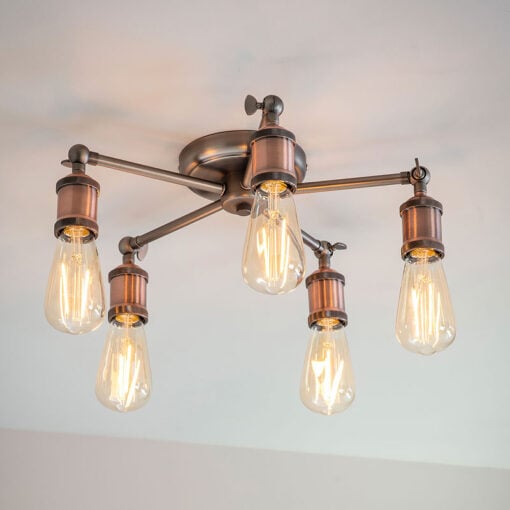 Industrial Retro 5 Light Aged Copper And Pewter Metal Ceiling Light 55cm
