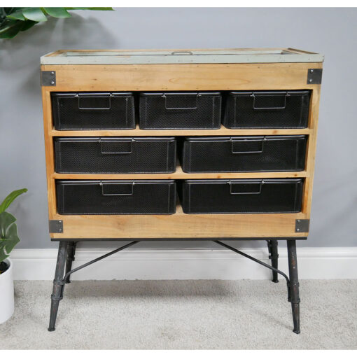 Industrial Retro Black Metal And Solid Wood 5 Crates Cabinet Sideboard With Glass Lift Top