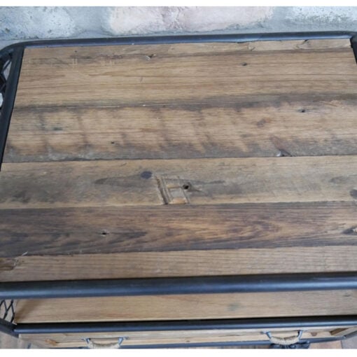 Industrial Rustic Black Mesh Metal And Solid Wood 1 Drawer Bedside Cabinet Side Table With Wheels