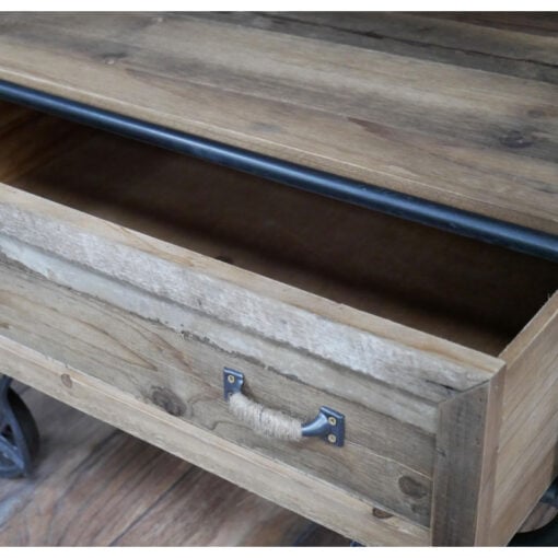 Industrial Rustic Black Mesh Metal And Solid Wood 1 Drawer Bedside Cabinet Side Table With Wheels