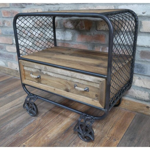 Industrial Rustic Black Mesh Metal And Solid Wood 1 Drawer Bedside Cabinet Side Table With Wheels