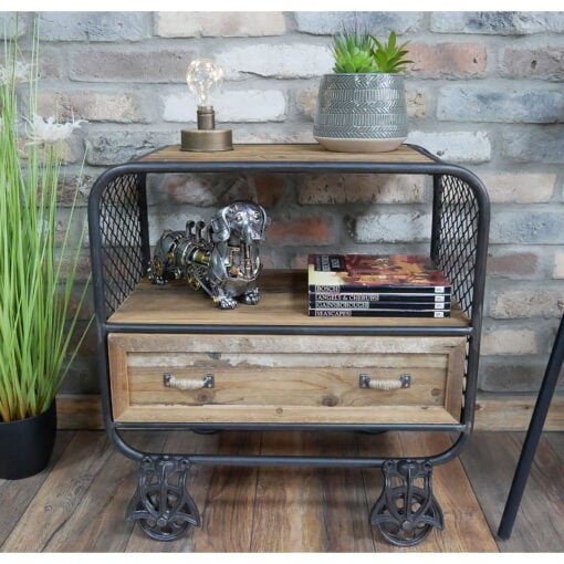 Industrial Rustic Black Mesh Metal And Solid Wood 1 Drawer Bedside Cabinet Side Table With Wheels