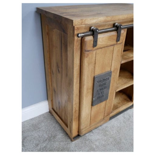Industrial Rustic Black Metal And Solid Light Mango Wood 1 Sliding Door Sideboard Cabinet