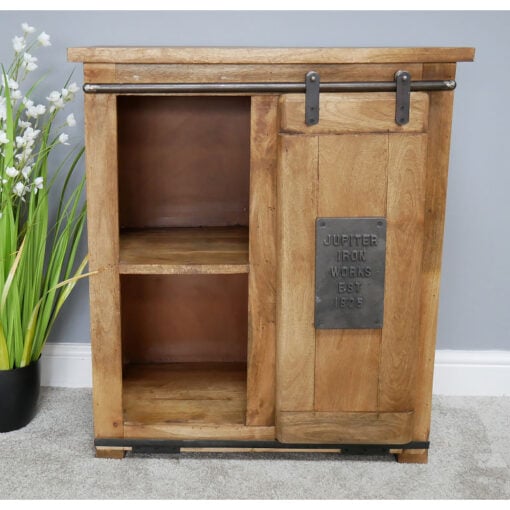 Industrial Rustic Black Metal And Solid Light Mango Wood 1 Sliding Door Sideboard Cabinet