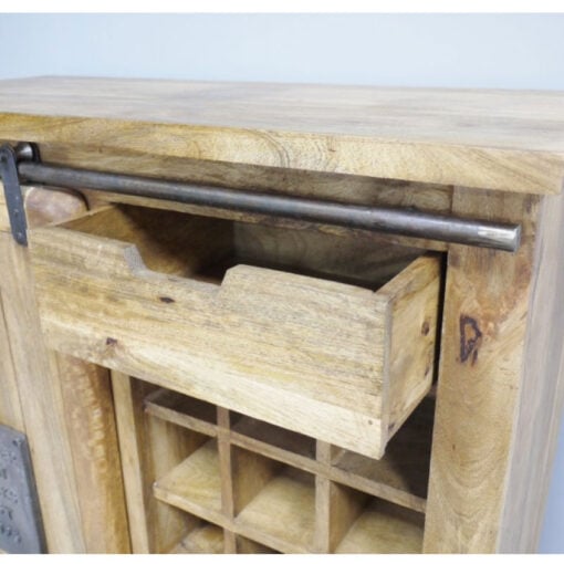 Industrial Rustic Black Metal And Solid Light Mango Wood 1 Sliding Door Sideboard Cabinet With Wine Storage