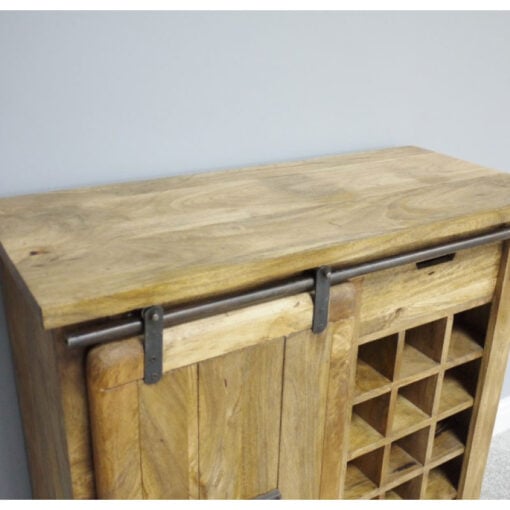 Industrial Rustic Black Metal And Solid Light Mango Wood 1 Sliding Door Sideboard Cabinet With Wine Storage