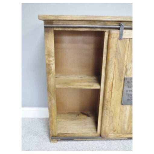 Industrial Rustic Black Metal And Solid Light Mango Wood 1 Sliding Door Sideboard Cabinet With Wine Storage