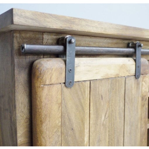 Industrial Rustic Black Metal And Solid Light Mango Wood 1 Sliding Door Sideboard Cabinet With Wine Storage