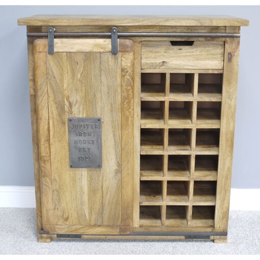 Industrial Rustic Black Metal And Solid Light Mango Wood 1 Sliding Door Sideboard Cabinet With Wine Storage