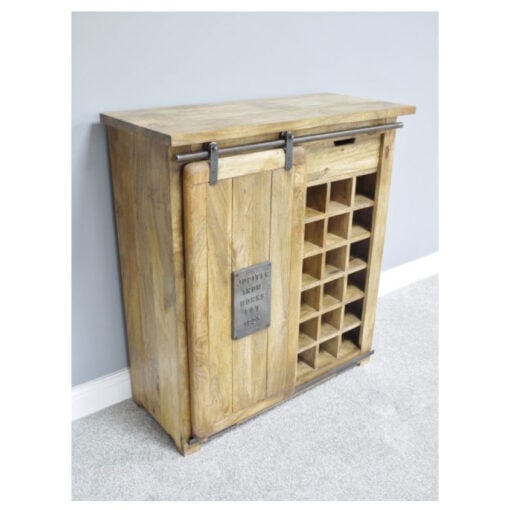 Industrial Rustic Black Metal And Solid Light Mango Wood 1 Sliding Door Sideboard Cabinet With Wine Storage