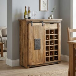 Industrial Rustic Black Metal And Solid Light Mango Wood 1 Sliding Door Sideboard Cabinet With Wine Storage