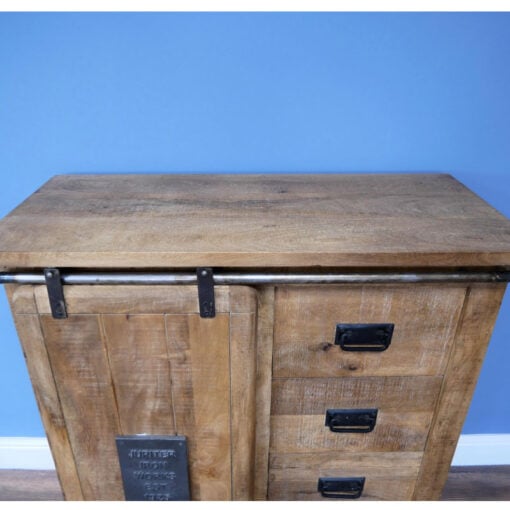 Industrial Rustic Black Metal And Solid Light Mango Wood 4 Drawer 1 Sliding Door Sideboard Cabinet