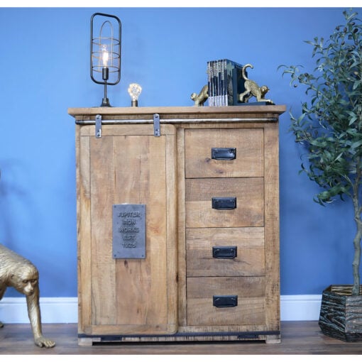 Industrial Rustic Black Metal And Solid Light Mango Wood 4 Drawer 1 Sliding Door Sideboard Cabinet