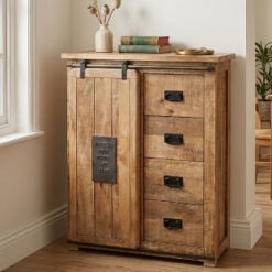 Industrial Rustic Black Metal And Solid Light Mango Wood 4 Drawer 1 Sliding Door Sideboard Cabinet